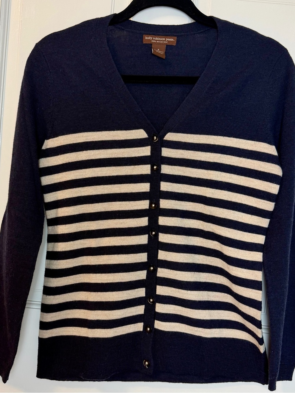 Holly Robinson Peete Women’s Striped Blue & Cream 100% Merino Wool Cardigan, S